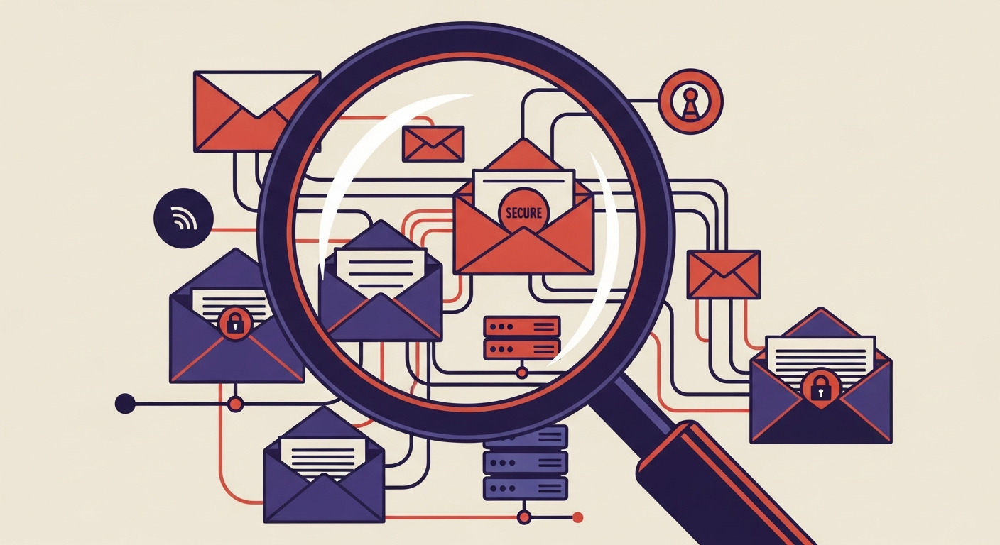 An illustration of a magnifying glass examining email security protocols.