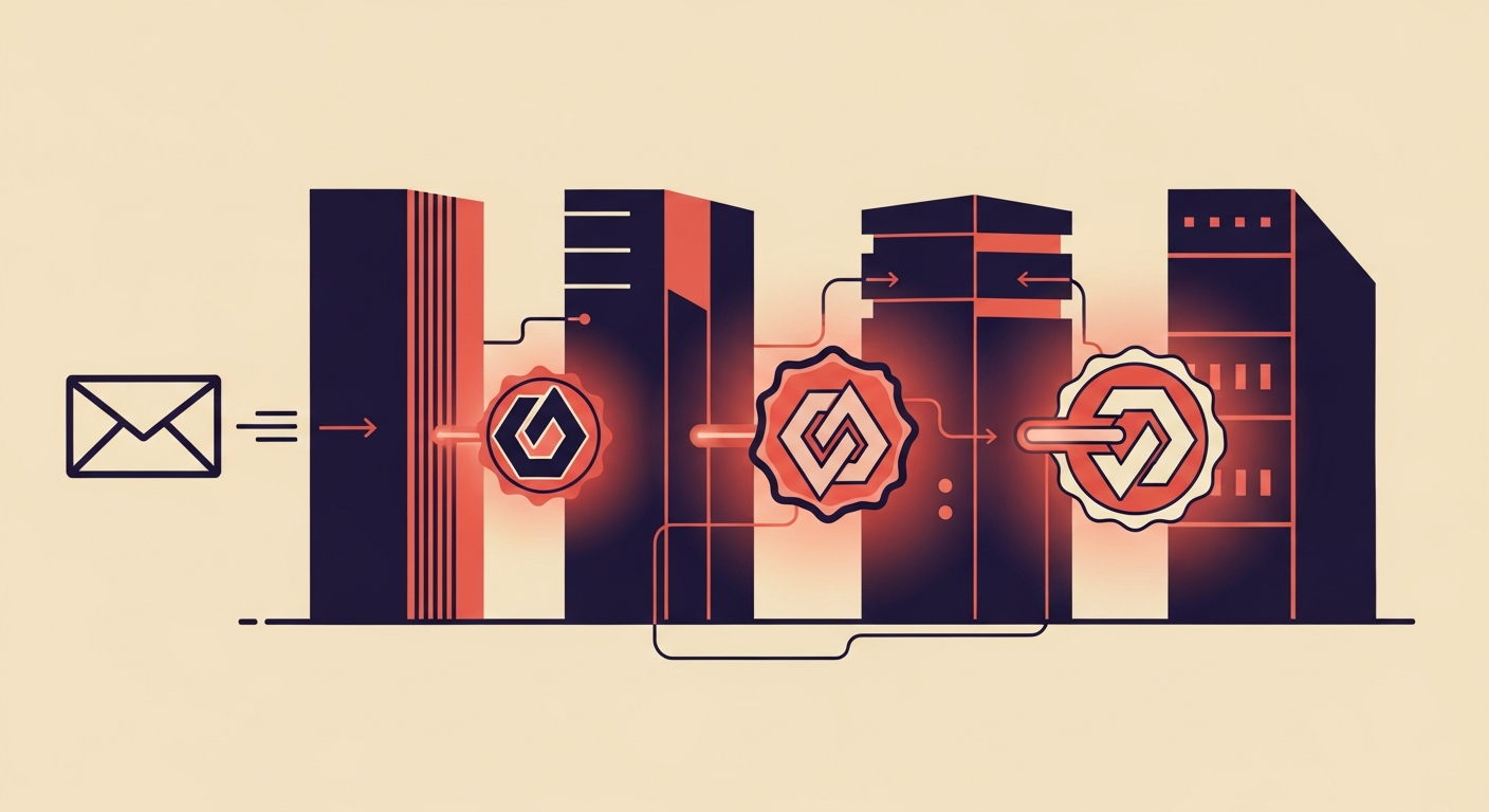 Email flowing through servers with glowing cryptographic seals, depicting successful ARC authentication.