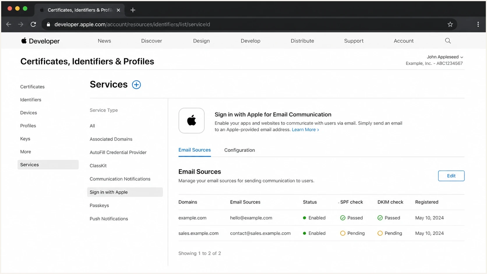 Apple Developer email sources screen with registered domains and authentication status.