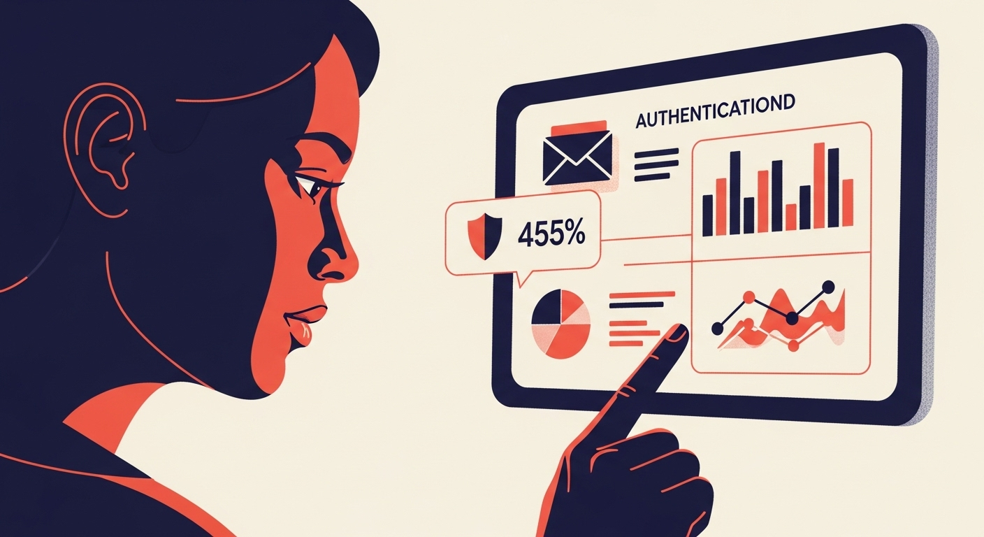 Illustration of a person analyzing DMARC reports on a dashboard to refine email settings