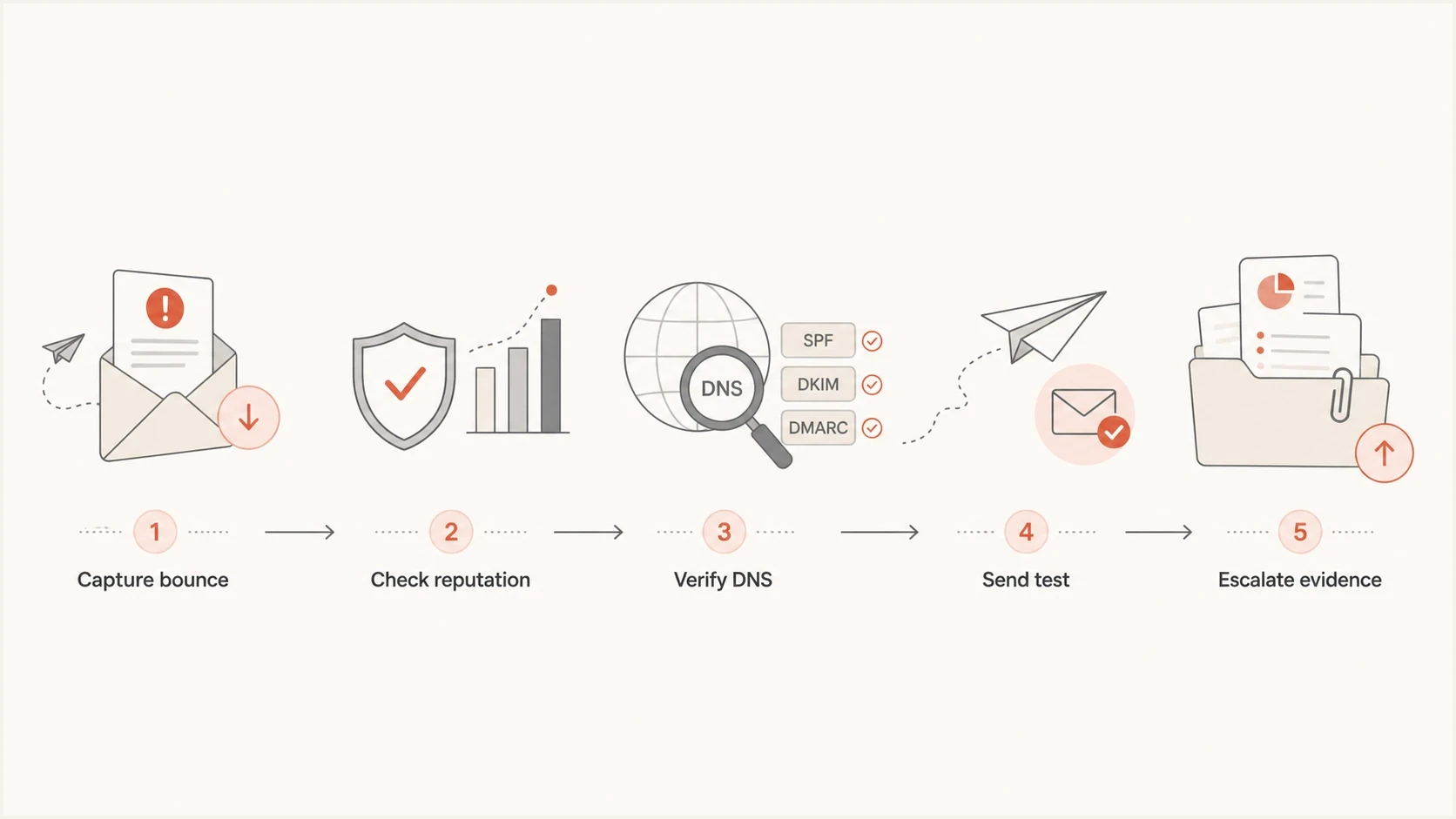 Five-step flow for diagnosing and escalating Optimum email blocks.