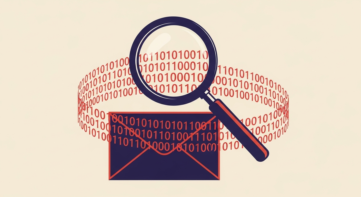 A magnifying glass examining an email with binary code, representing DMARC forensic reports