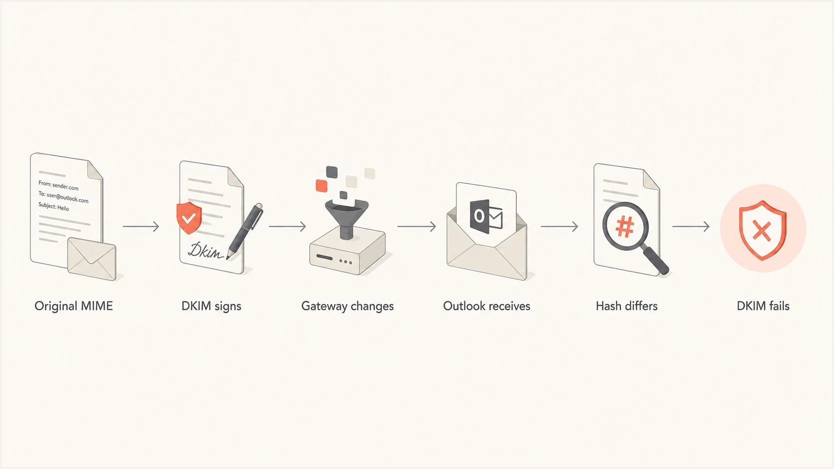 Flowchart showing how a message change between signing and Outlook validation breaks DKIM.