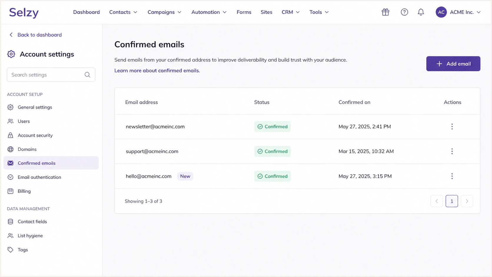 Selzy Confirmed emails page with the Add button and sender status