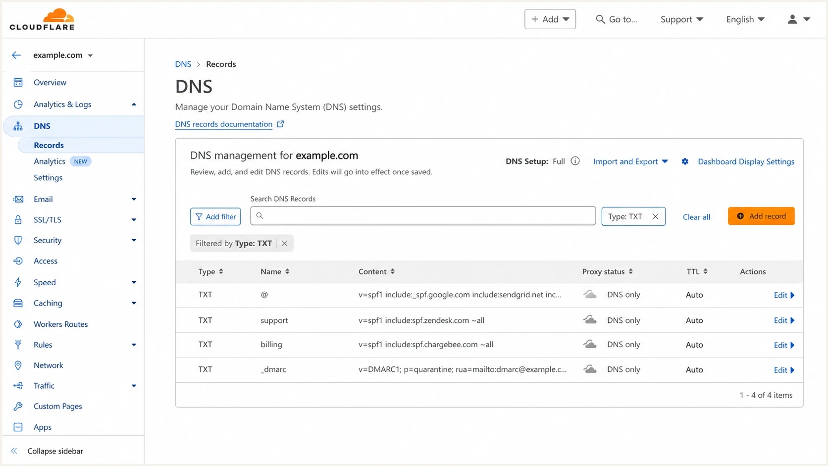 Cloudflare DNS records screen showing separate SPF TXT records for apex and subdomains.