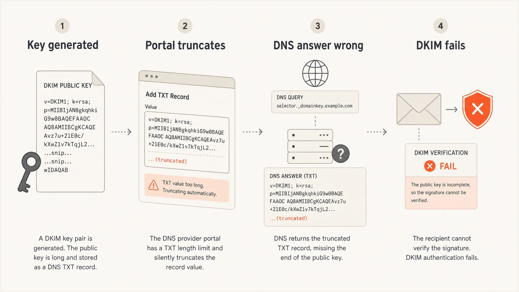 A four-part infographic showing a DKIM key being generated, truncated, served incorrectly, and failing validation.