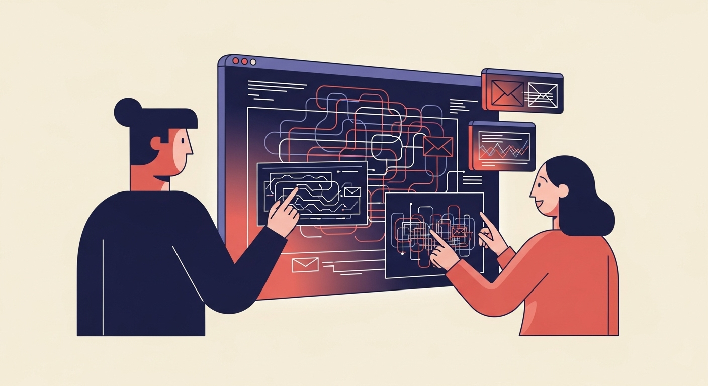An illustration of two people analyzing DMARC reports for multiple domains