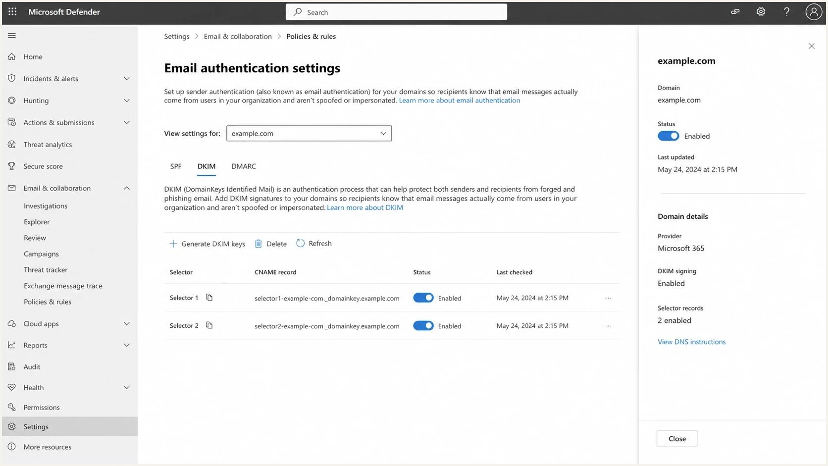 Microsoft Defender portal DKIM settings for a custom domain with selector CNAME records.