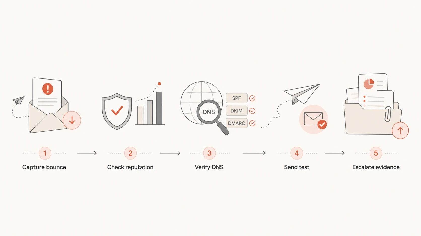Five-step flow for diagnosing and escalating Optimum email blocks.