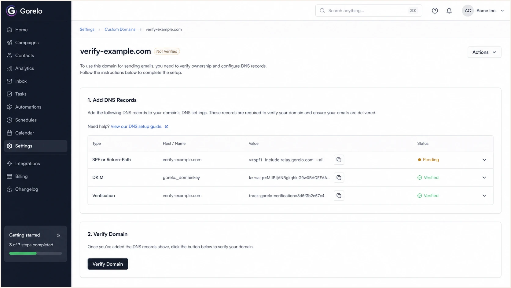 Gorelo custom domain verification screen showing SPF and Return-Path DNS records