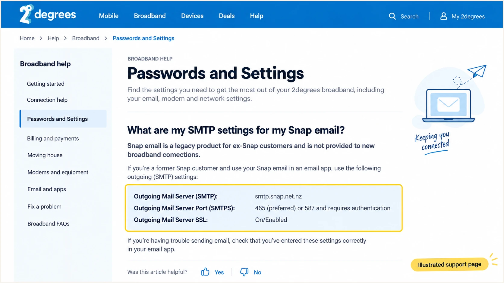 Illustrated 2degrees support page showing legacy Snap SMTP settings.