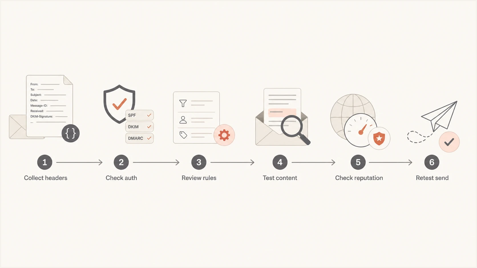 A six-step flowchart for troubleshooting Google Workspace spam placement.