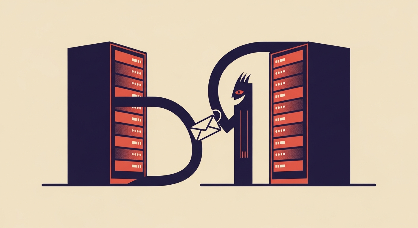 An illustration showing an email being intercepted by a malicious actor between two servers, representing a man-in-the-middle attack.