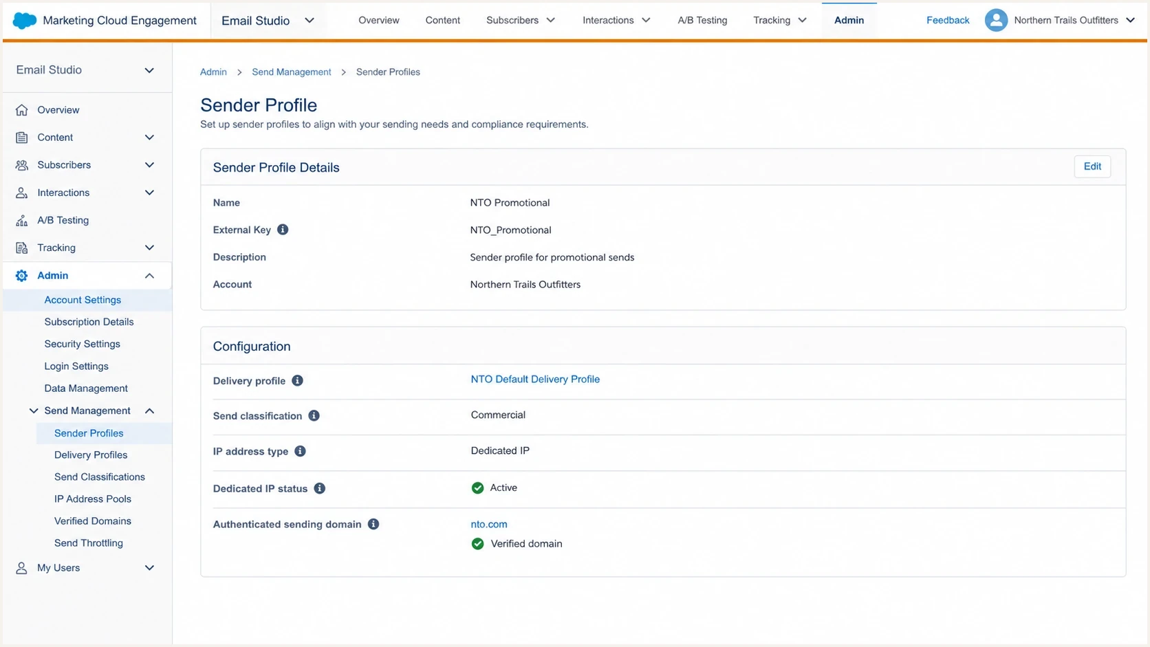 Salesforce Marketing Cloud Engagement send management screen with IP address type settings.