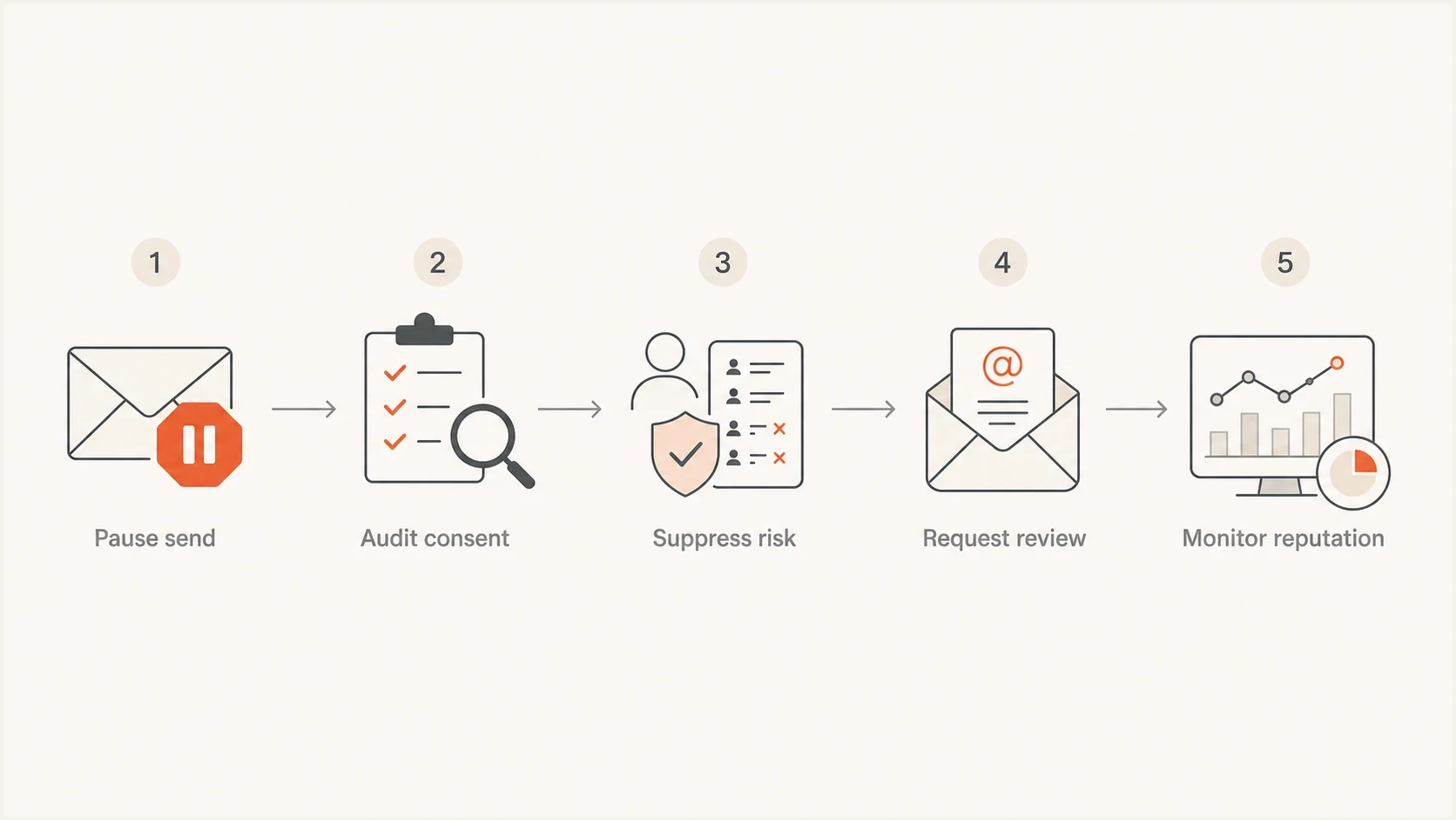 A five-step recovery flow: pause sending, audit consent, suppress risk, request review, and monitor reputation.