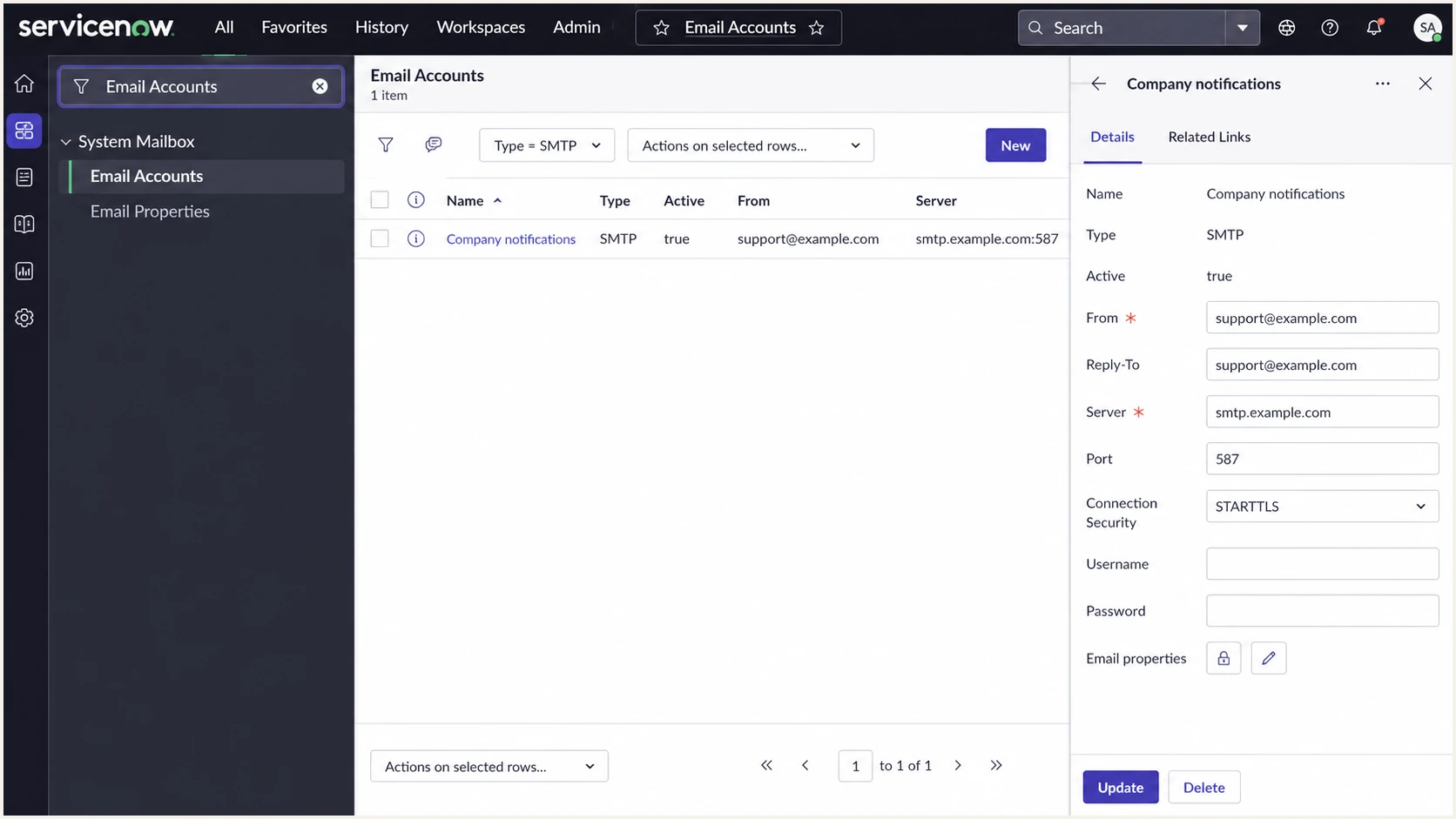 ServiceNow Email Accounts view showing the outbound sender configuration.