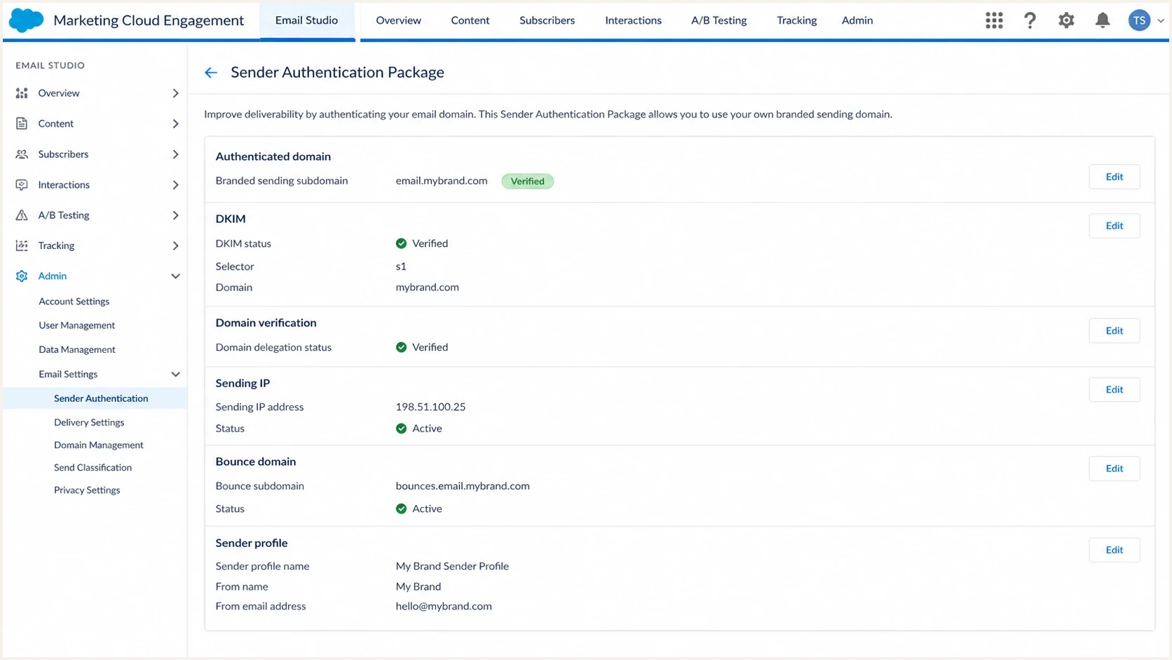 Salesforce Marketing Cloud Email Studio domain authentication settings screen.