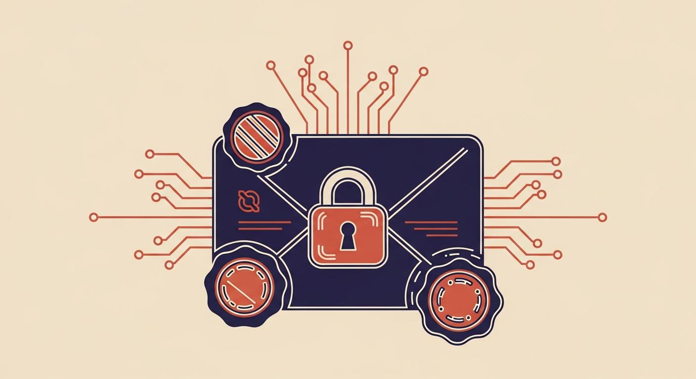 Stylized email envelope with security symbols, representing email authentication