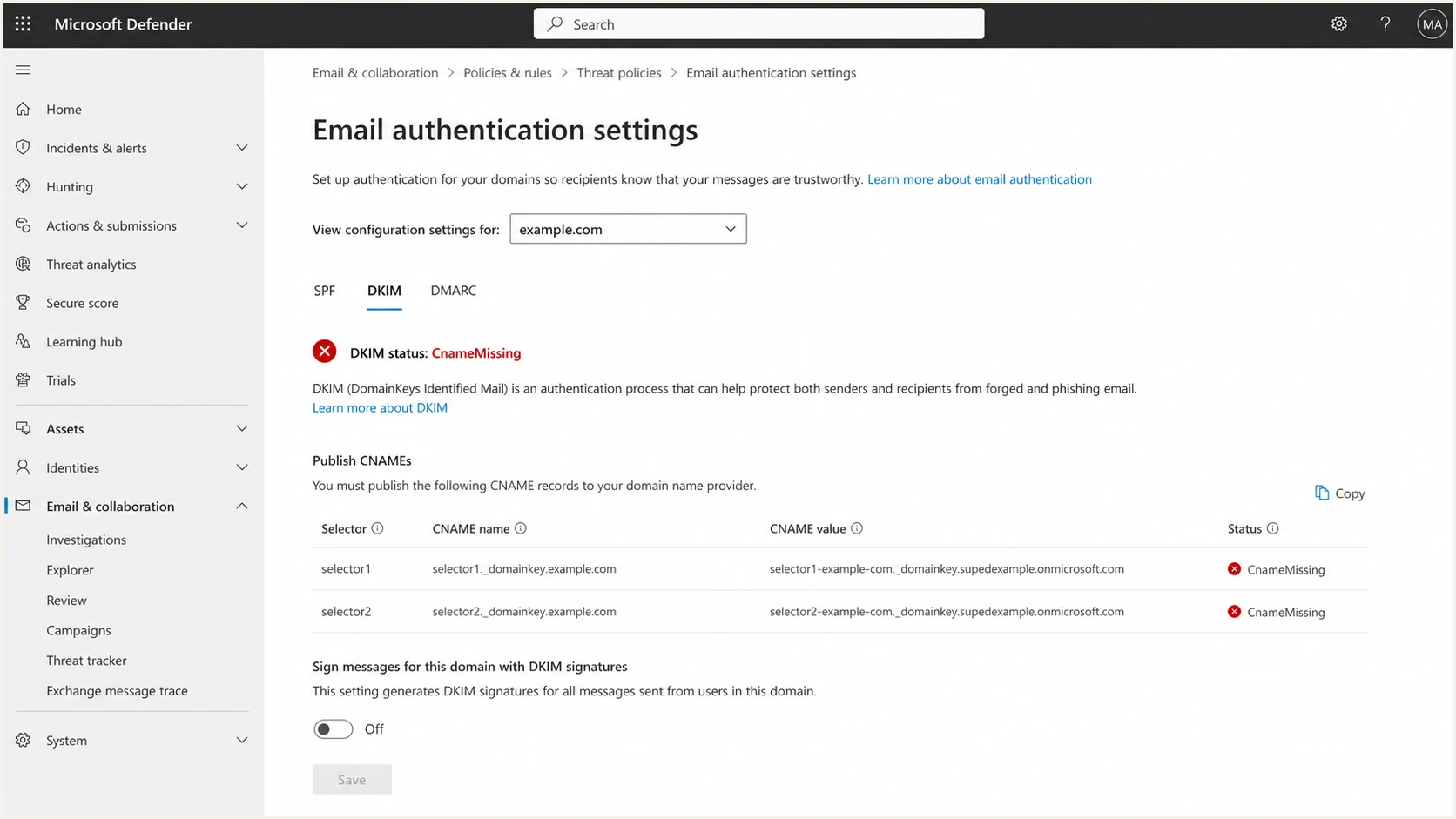 Microsoft Defender DKIM settings and CNAME targets