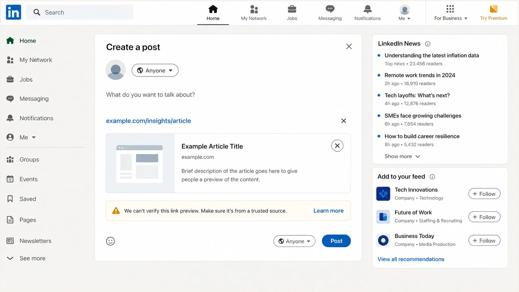 A LinkedIn malware warning shown for a shared website link in the post composer.