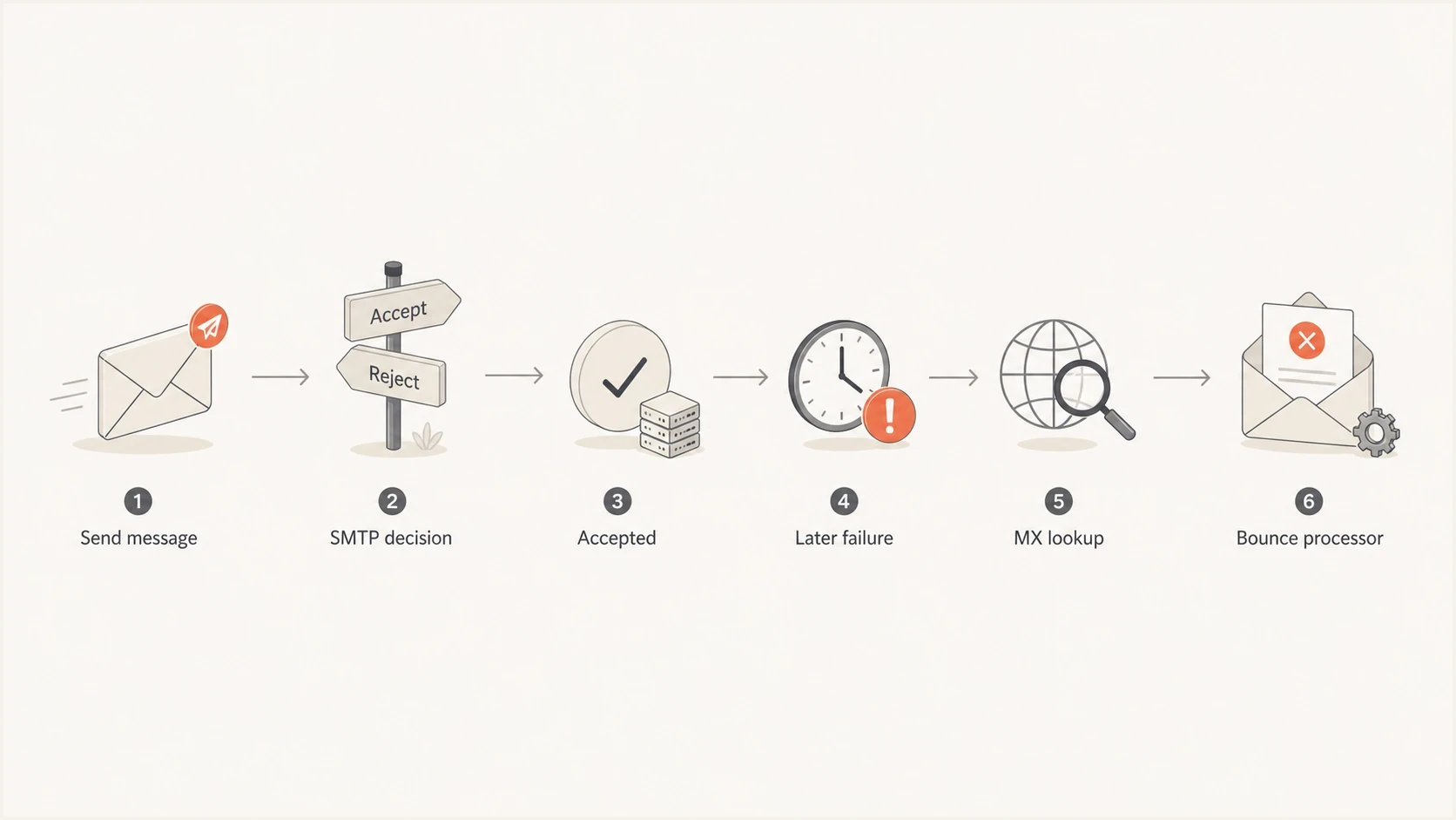 Email bounce flow through SMTP acceptance, later failure, MX lookup, and bounce processing.