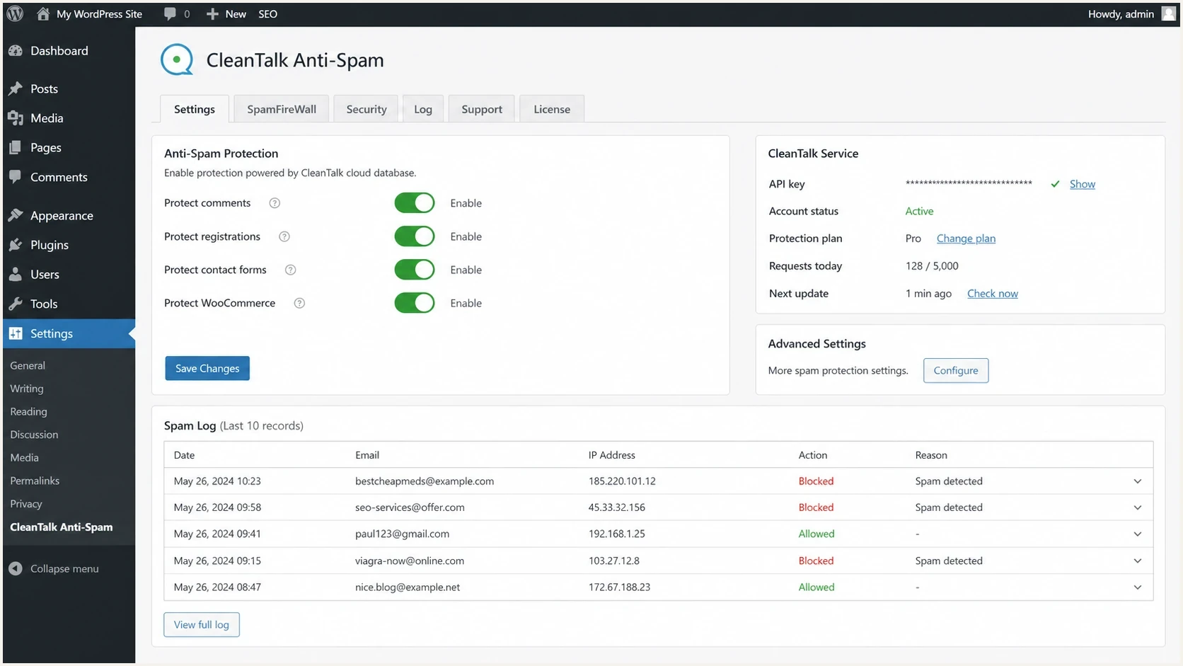 CleanTalk Anti-Spam settings screen for WordPress form protection