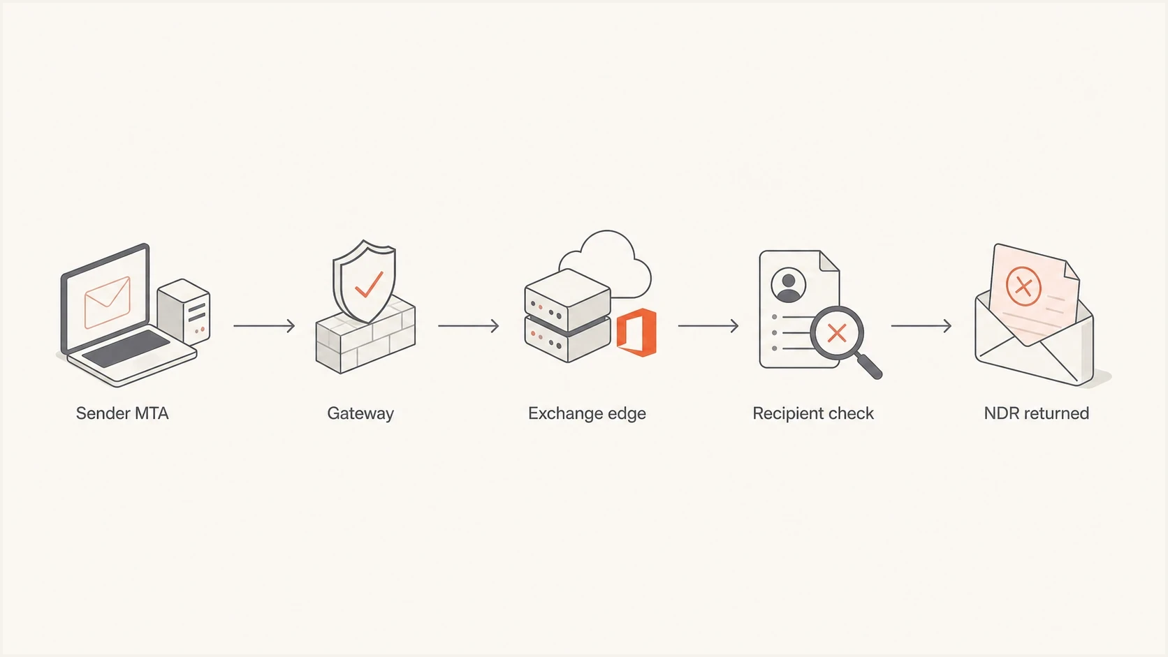 Flowchart showing a message rejected during the Exchange Online recipient check.
