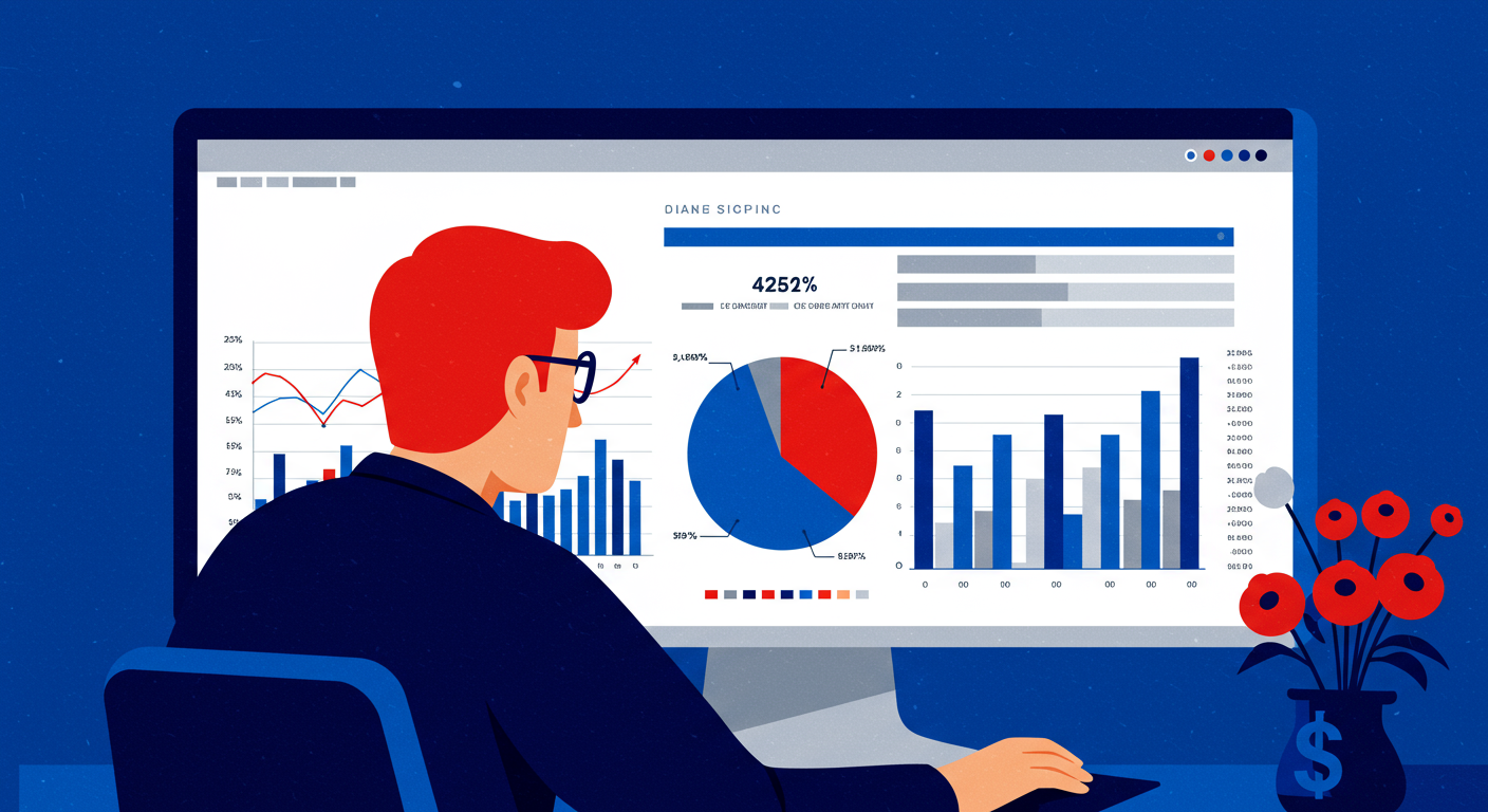 A minimalist retro illustration of a person looking at data reports on a computer screen. The style is Malika Favre, with dominant colors of bright poppy red and deep royal blue. Vector art, high contrast. No words or alphanumeric characters.
