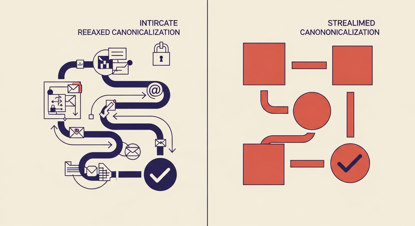An illustration comparing intricate and streamlined email authentication, symbolizing simple versus relaxed DKIM canonicalization.