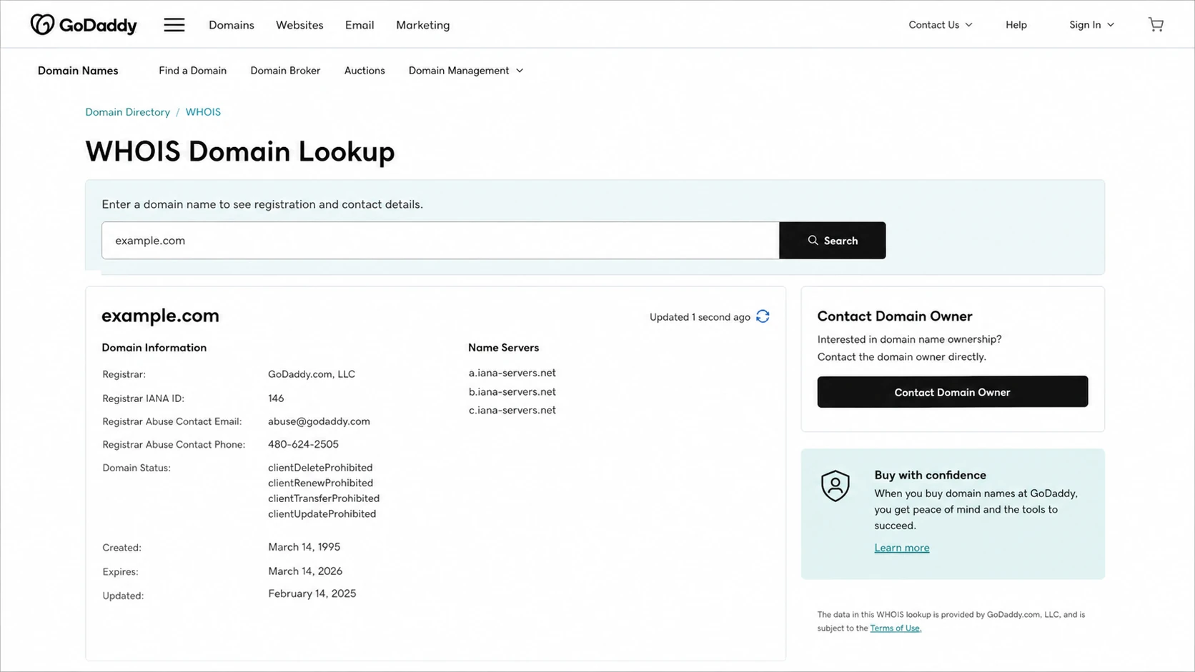 GoDaddy WHOIS result showing registrar, privacy status, name servers, and owner contact action.