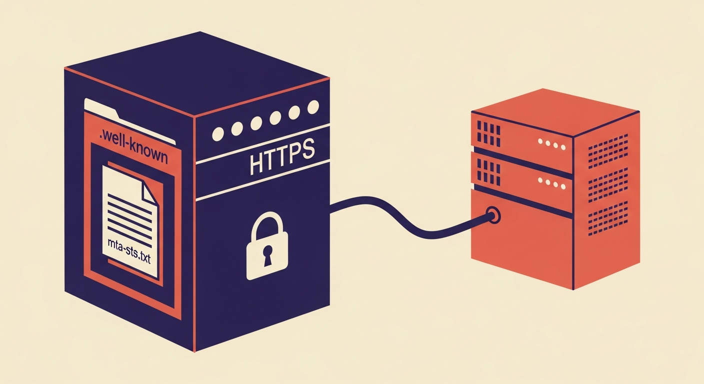 An illustration showing a secure web server hosting the MTA-STS policy file via HTTPS in the .well-known directory.