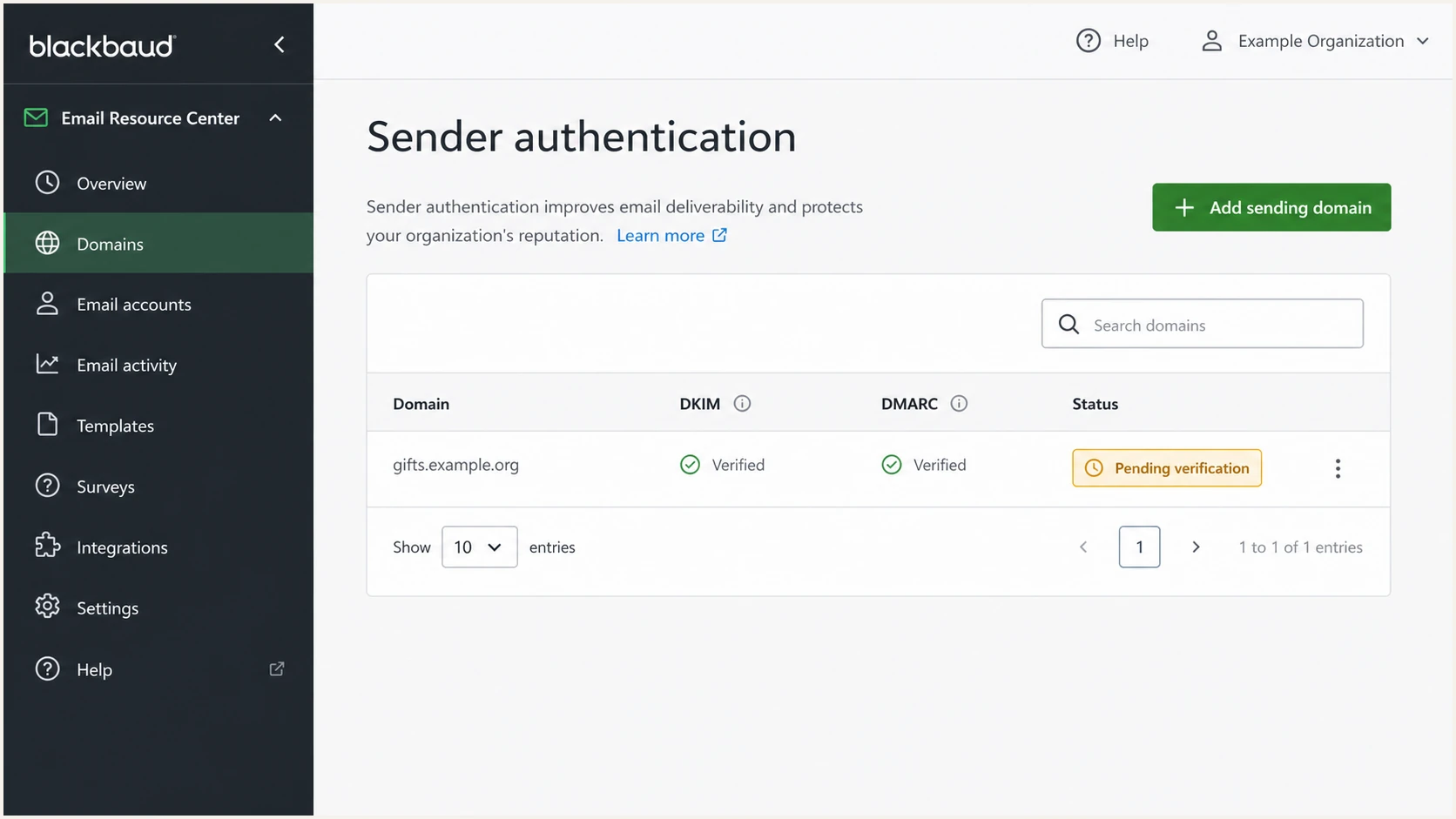 Blackbaud sender authentication screen with a pending sending domain.