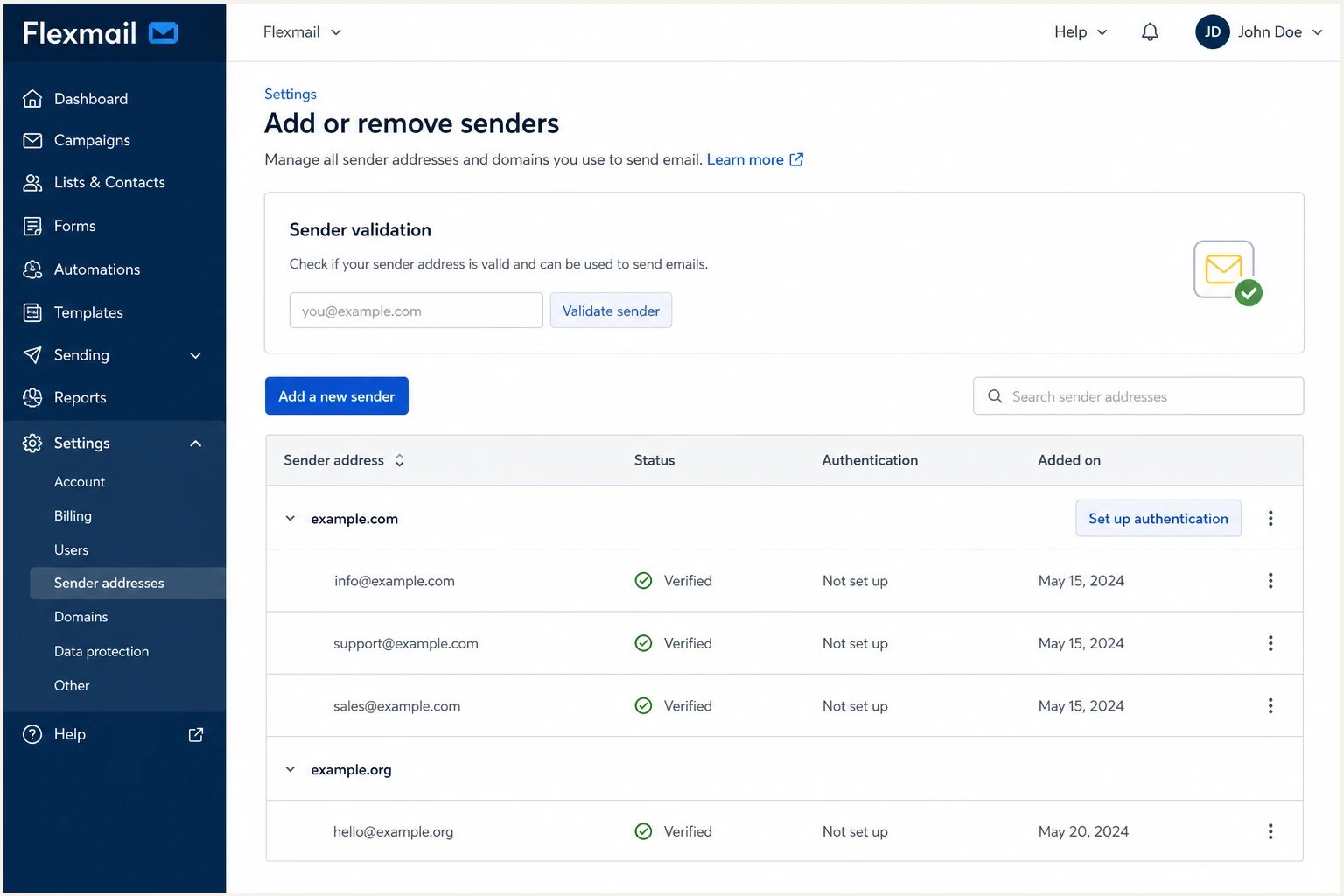 Flexmail sender settings with add sender and authentication controls