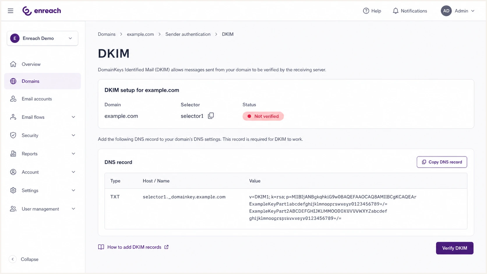 Enreach DKIM selector setup for a verified sending domain.