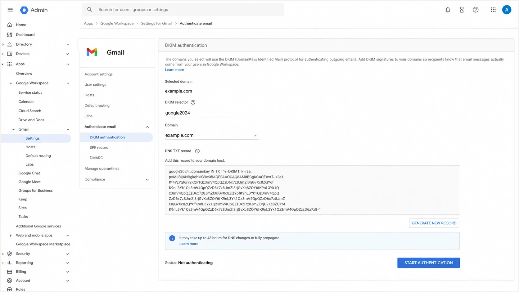 Google Workspace Admin Console screen showing DKIM setup controls.