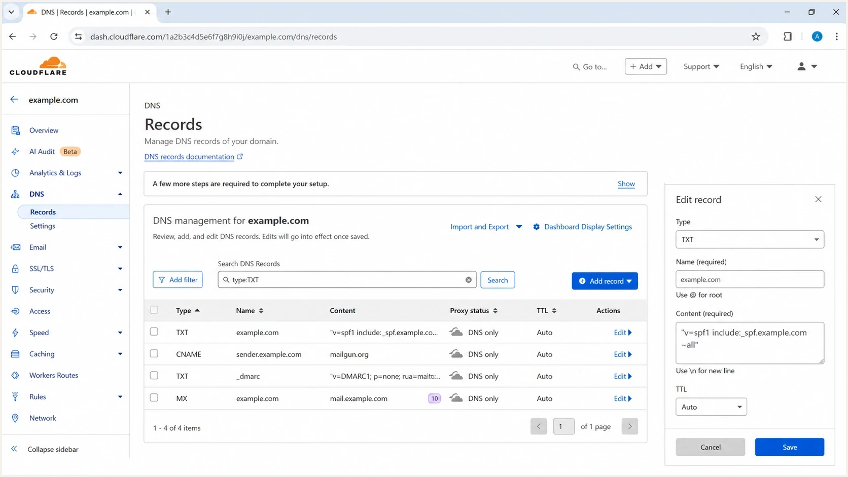 Cloudflare DNS record editing screen with an SPF TXT record and sender subdomain entries.