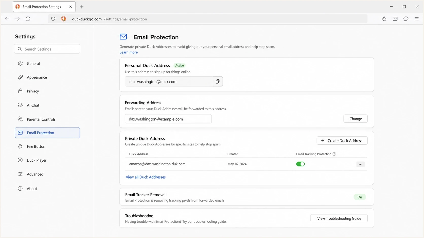 DuckDuckGo Email Protection settings screen with forwarding controls.