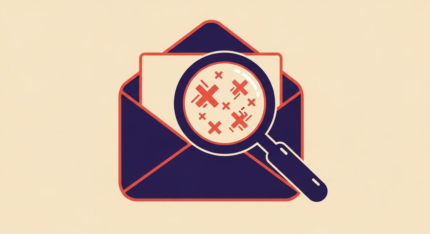 Magnifying glass examining email failures indicated by red 'X' symbols