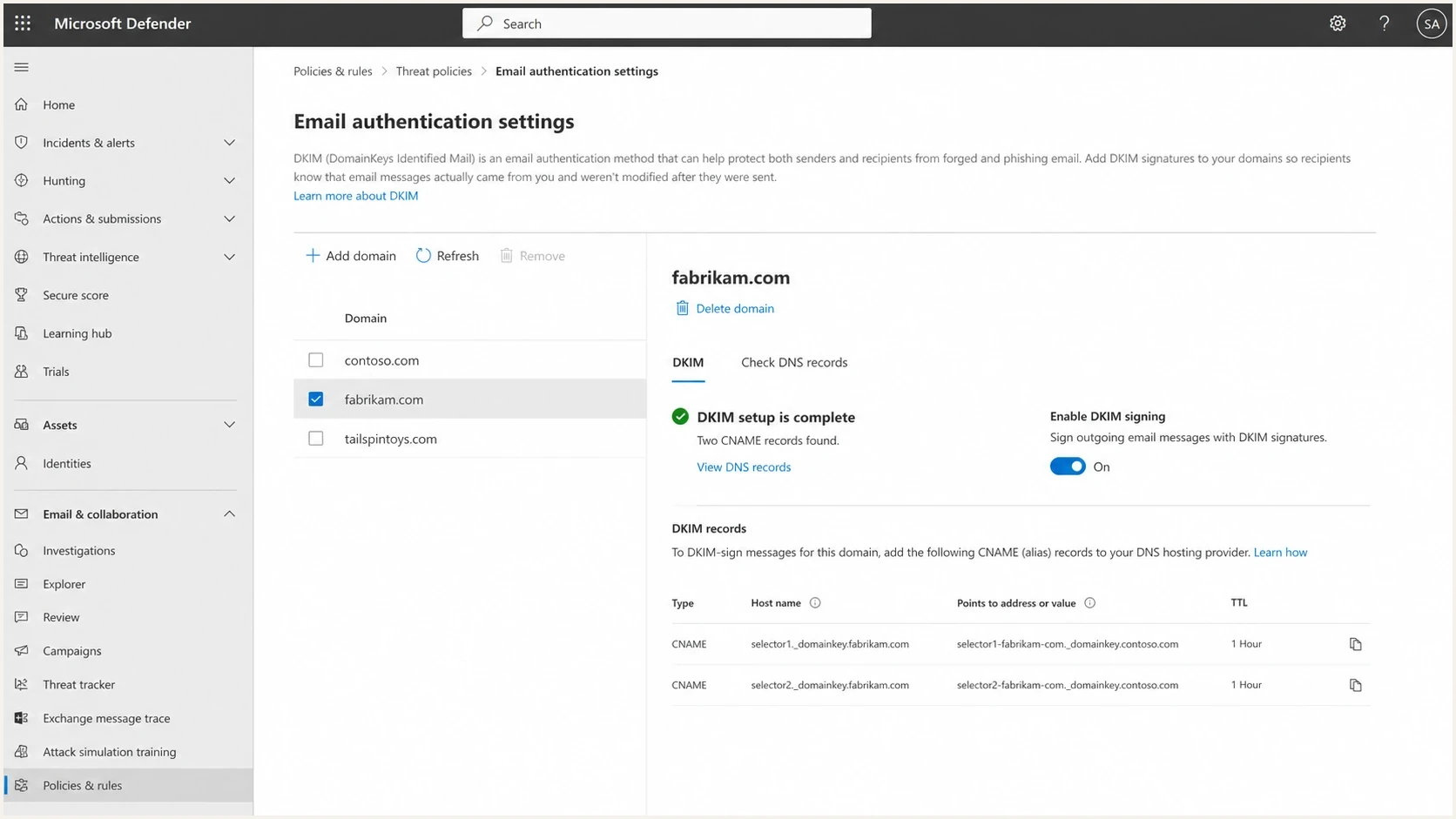Microsoft Defender portal DKIM settings showing where signing is enabled.