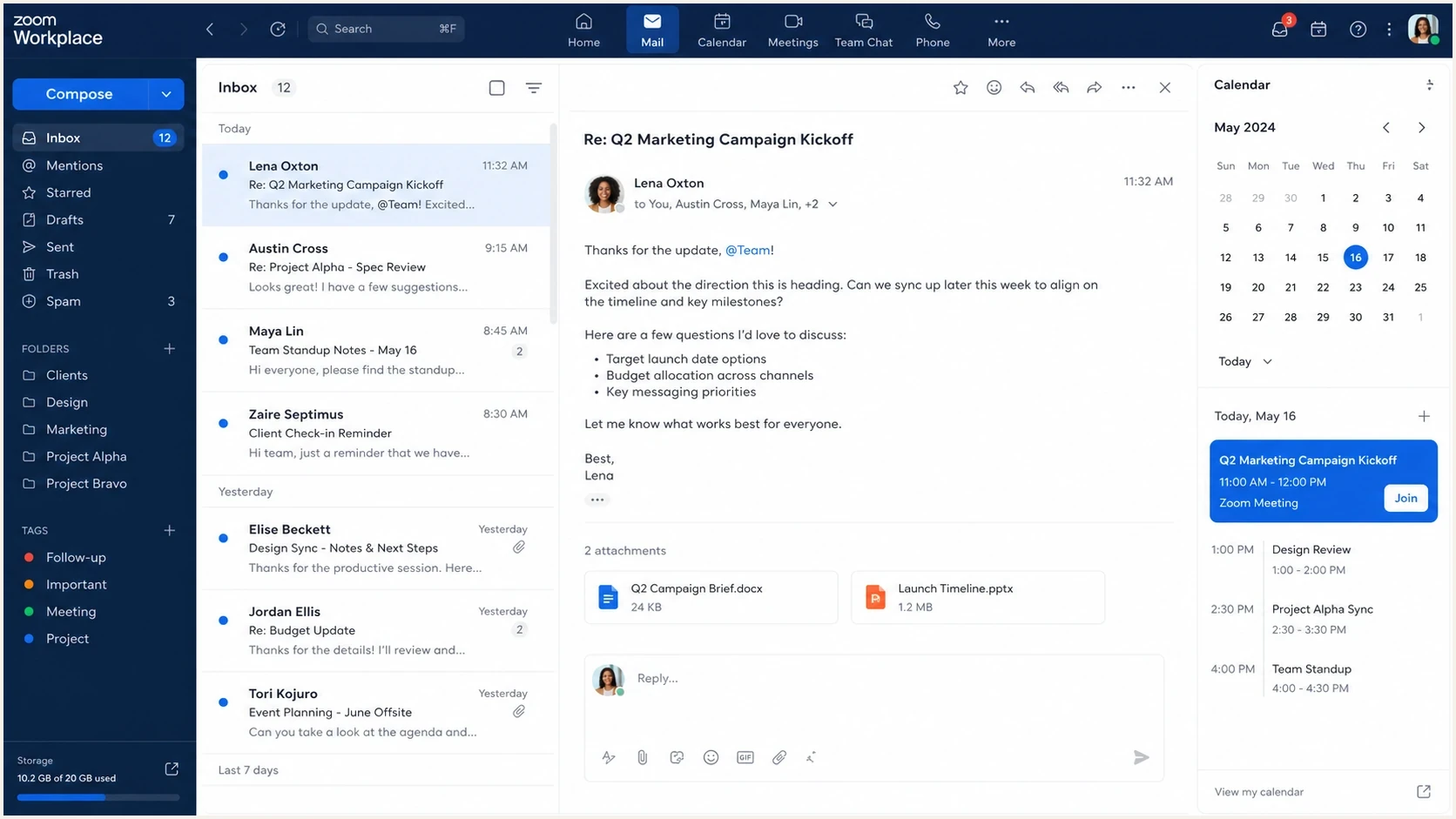 Zoom Workplace showing Mail and Calendar alongside meetings and chat.
