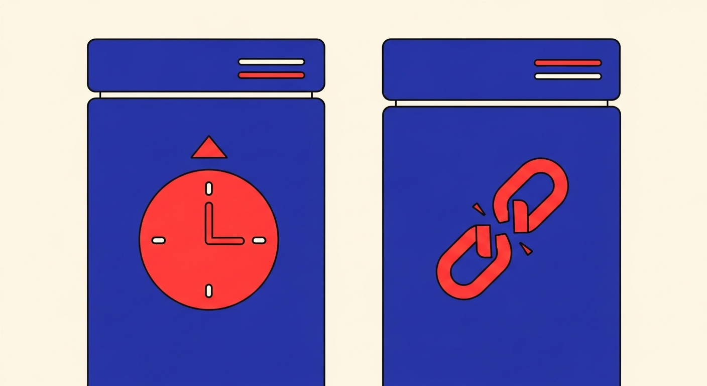 An abstract illustration of two servers, one representing a temporary error with a clock icon, and the other a permanent error with a broken link icon. The style of the images should be A minimalist retro illustration in the style of Malika Favre. Dominant colors are bright poppy red and deep royal blue. Vector art, high contrast. Do not put any words in the image or alphanumeric characters.