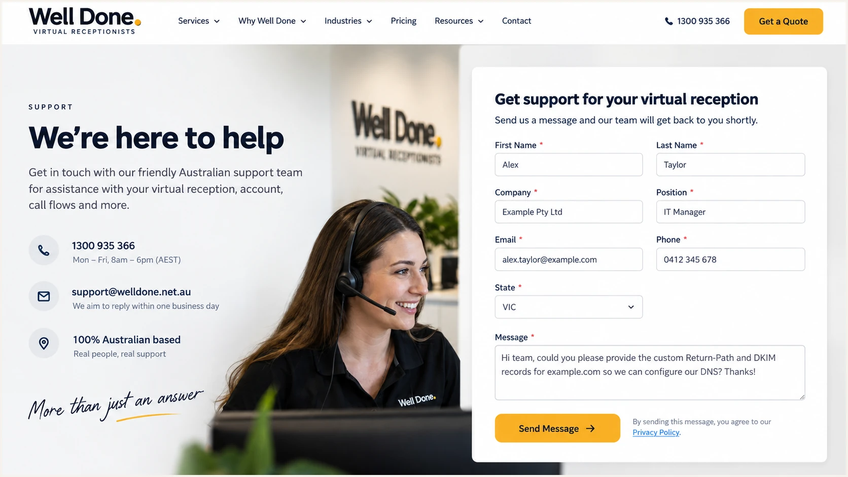 Well Done support form with a domain authentication request