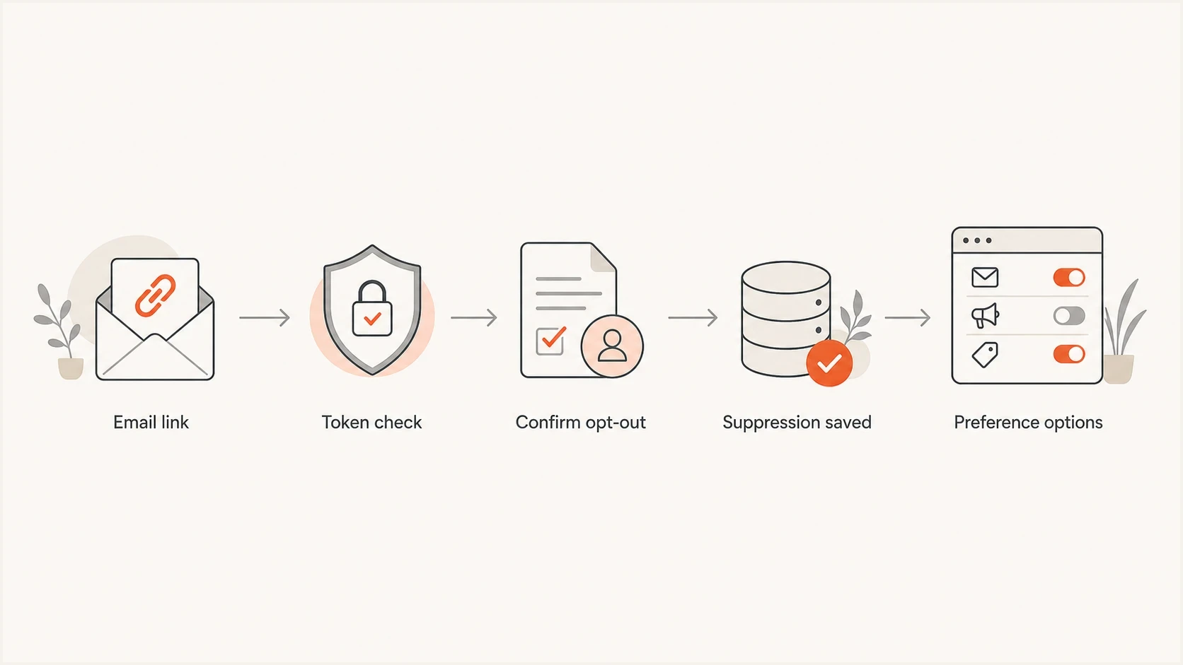 Flowchart showing email link, token check, confirmation, suppression, and optional preferences.