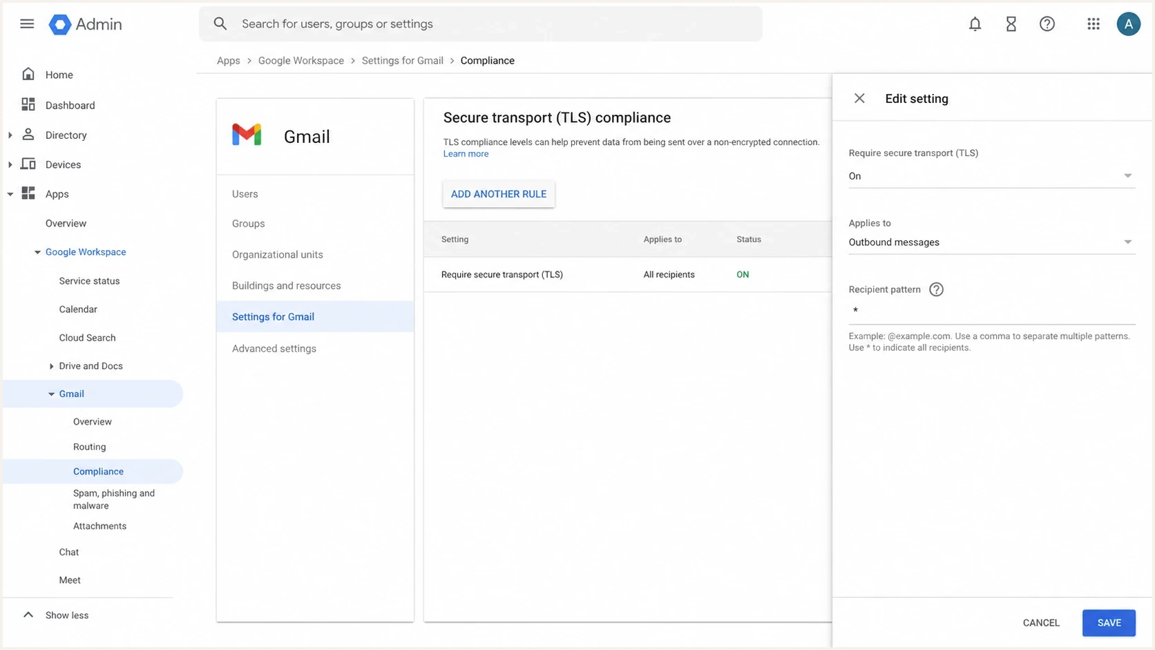 Google Admin console Gmail TLS compliance settings screen.