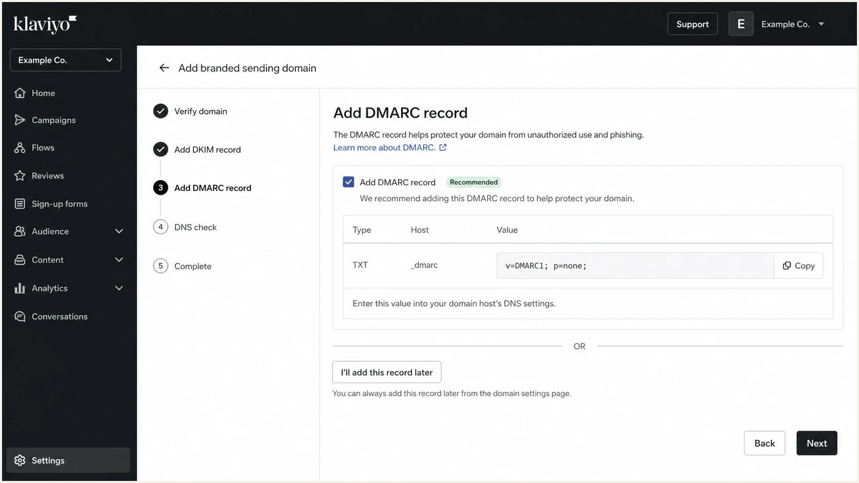 Klaviyo setup screen showing a DMARC record option.