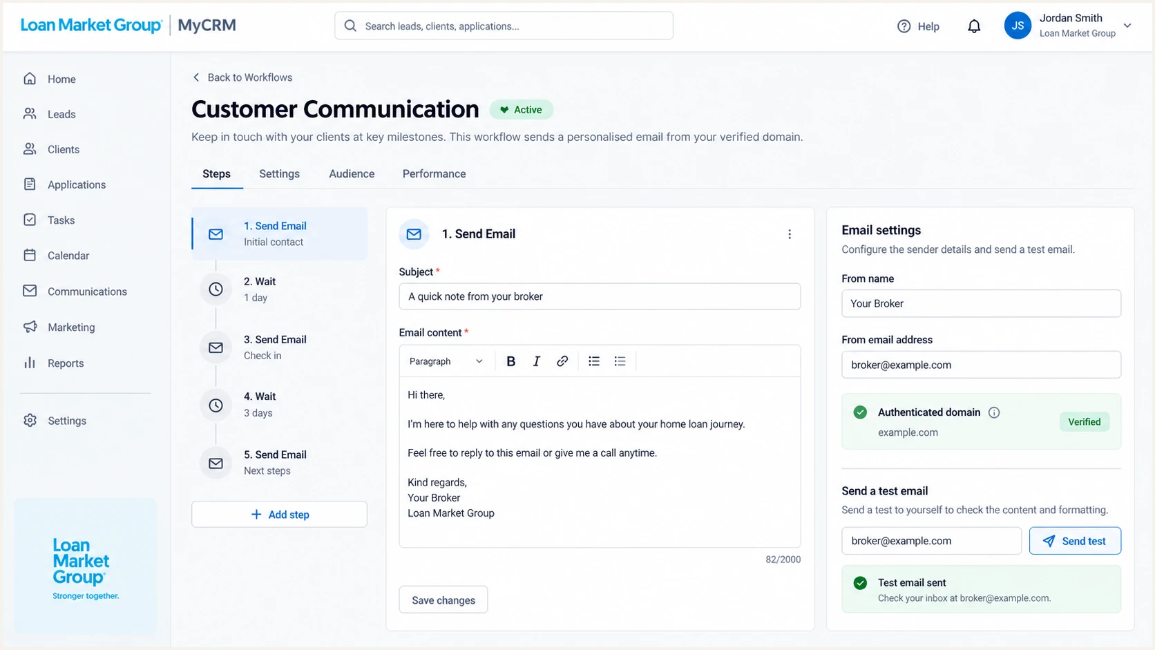 MyCRM workflow sending an authentication test email