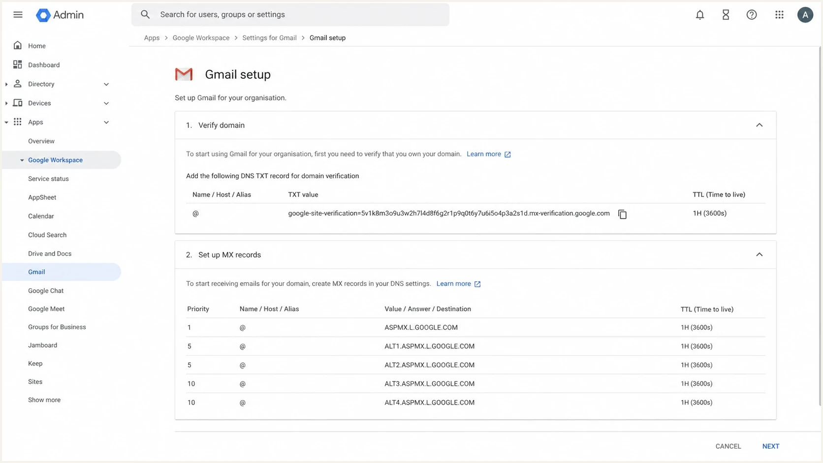 Google Admin console screenshot showing domain verification and MX setup as separate steps.