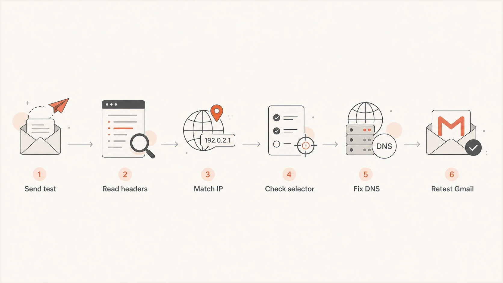 A flowchart showing how to diagnose and fix Gmail 550 5.7.26 authentication bounces.