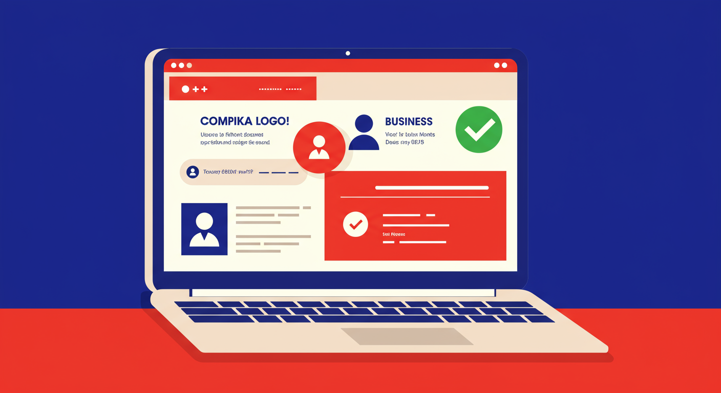 A laptop showing the Apple Business Connect dashboard with a company logo and verification checkmark. The style of the images should be A minimalist retro illustration in the style of Malika Favre. Dominant colors are bright poppy red and deep royal blue. Vector art, high contrast. Do not put any words in the image or alphanumeric characters.