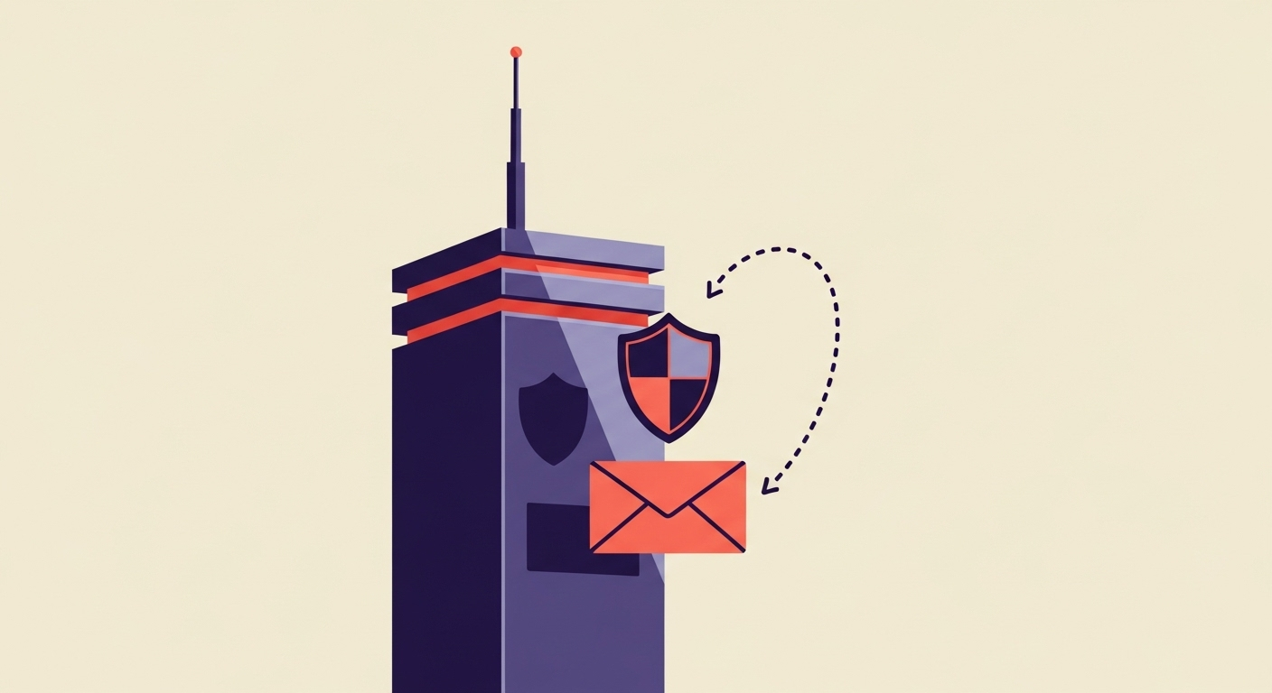 An email server receiving mail, with a DMARC shield protecting inbound messages.